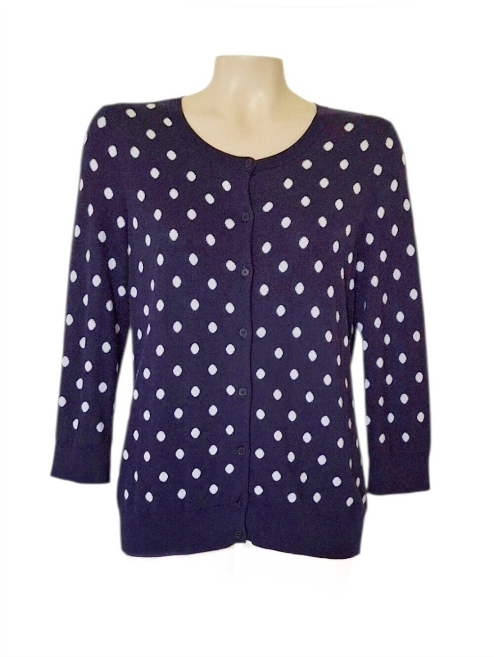 Talbots Navy White Polka Dot Cardigan Sweater Medium 3/4 Sleeve Cotton Rayon